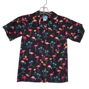 RJC Made in Hawaii Black Tropical Flamingo Button Down Shirt Boys Size 8